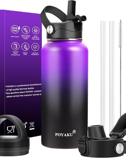 Water Bottle Insulated 32oz 40oz 64oz 128oz Straw Lid Spout Lid & 3 Lids, Leak Proof, Vacuum Insulated,Stainless Steel Water Bottle Wide Mouth for Sports, Gym or Office