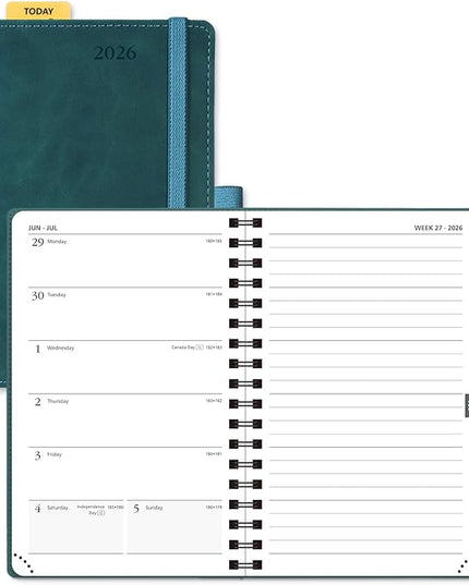 POPRUN 2026 Planner Weekly Notebook (Jan-Dec), Small Size 4''x 6.25'' - 2026 Pocket Calendar for Purse with Spiral Soft Cover, Plastic Ruler, Inner Pocket, 100 GSM - Petrol