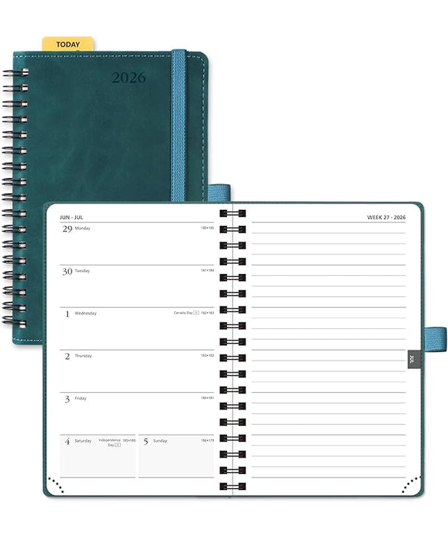 POPRUN 2026 Planner Weekly Notebook (Jan-Dec), Small Size 4''x 6.25'' - 2026 Pocket Calendar for Purse with Spiral Soft Cover, Plastic Ruler, Inner Pocket, 100 GSM - Petrol