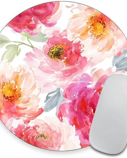 Pink Peony Flower Round Mousepad, Personalized Custom Design Mouse Pads，Cute Waterproof Circular Non-Slip Rubber Base Small Mouse Pad， Mousepad for Laptop Computers