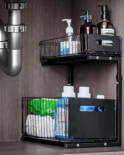 Under Sink Organizer, Multi-Purpose Sliding Cabinet Storage 2 Tier Sink Organizer, Adjustable Kitchen Organizers and Storage, Easy Install & Clean, Black