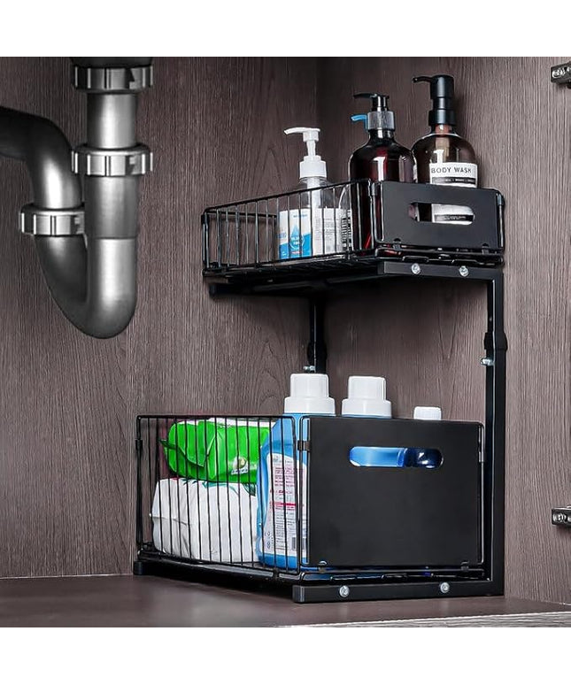 Under Sink Organizer, Multi-Purpose Sliding Cabinet Storage 2 Tier Sink Organizer, Adjustable Kitchen Organizers and Storage, Easy Install & Clean, Black