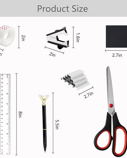 suniya Office Supplies,Desk Accessories,with Stapler,Tape Dispenser,Staple Remover,Scissor,Ballpoint Pen,Sticky Notes,Clear Tape,Staples,Desk Organizer,Ruler,Binder,Best Gift Set(Black)