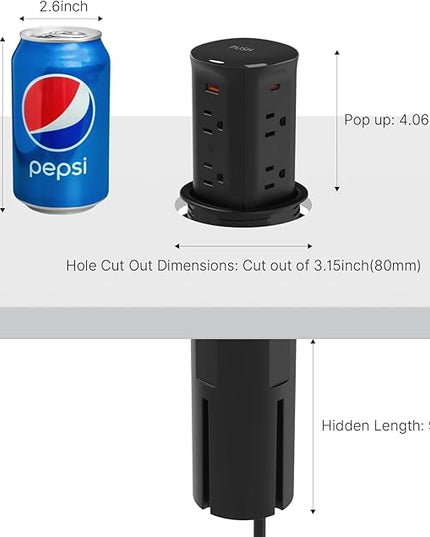 Jgstkcity Pop up Outlet for Countertop,65W USB C Fast Charging,15W Wireless Charger,13-in-1 Kitchen Island Electrical Power Station,4 USB,8 Outlets,15A Surge Protector,3.15'' Hole,ETL Listed,Black