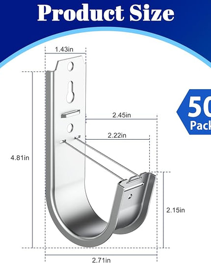 ForoGore 50 Pack 2 Inch J Hook Wall Mount J Hook with Retainer Clip Galvanized Steel Wall Cable Hooks Smooth Round Edge J Hook for Hanging Wire Cable Management & Organization Solution