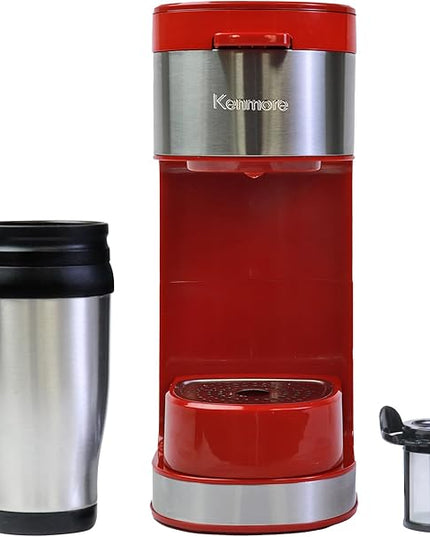 Kenmore Single Serve Coffee Maker – 6–14 Oz Brew Sizes, Compatible with Keurig K‑Cup Pods & Ground Coffee, One Cup Brewer, Travel Mug Friendly, Auto Shut‑Off, Hot & Iced maquina de cafe, Red