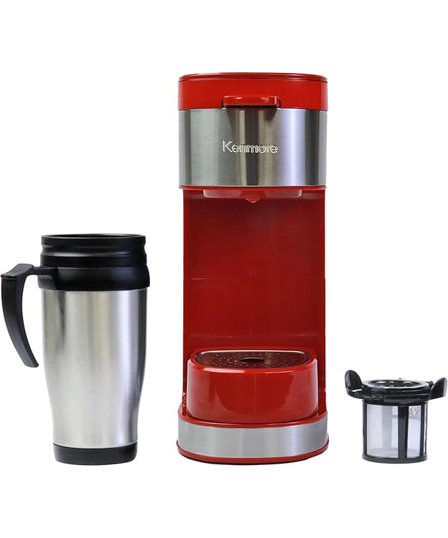 Kenmore Single Serve Coffee Maker – 6–14 Oz Brew Sizes, Compatible with Keurig K‑Cup Pods & Ground Coffee, One Cup Brewer, Travel Mug Friendly, Auto Shut‑Off, Hot & Iced maquina de cafe, Red