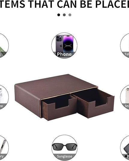 Linen Leather Desk Organizer and monitor stand with Drawers－Mini Desktop Drawer Organizer Stackable－Tabletop Organization Storage Box for Office Supplies Home Vanity Toiletries (Brown, 2-drawers)