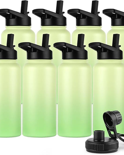 DOMICARE 32 oz Insulated Water Bottle Bulk, Vacuum Insulated Stainless Steel Sports Water Bottle with Straw Lid & Spout Lid, Leakproof, Reusable - Travel, Camping, Bike, Green Gradient (8 Pack)