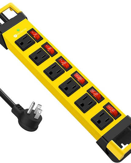 Heavy Duty Power Strip,6 Outlets Metal Power Strip with Individual Switch & Cord Management,Mountable Surge Protector 1200J,10FT Extension Cord(Yellow,10 FT)