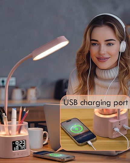 WILIT LED Desk Lamp for College Dorm Room Essentials, Students Study Lamp with Charging Station, Pen Holder, Clock & RGB Night Light, Office Desk Accessories, Table Lamp for Bedroom - Pink