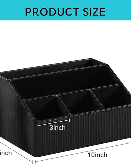 Cretkhp Remote Control Holder with 5 Compartments for Office Art Supplies, PU Leather Nightstand Organizer Pencil Pen Desk Caddy for Home, Desktop TV Remote Control Organizer Storage (Striped Black)