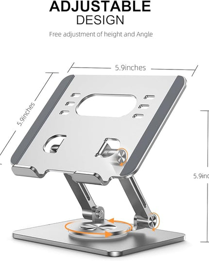Tablet Stand Holder with Thickened 360°Rotating Base Dual Rod Adjustable Aluminum Stand for All 5.8-12.9” iPad Samsung Phone Tablet Kindle E-Reader and More, Silver