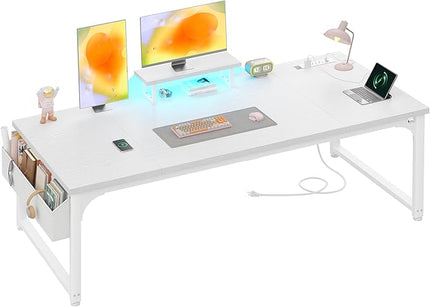 63 Inch Computer Desk with Monitor Stand & 24mm Thicker Desktop,Gaming Desk with Power Outlets & LED Light,White Writing Desk for Home Office, Study, Bedroom, White