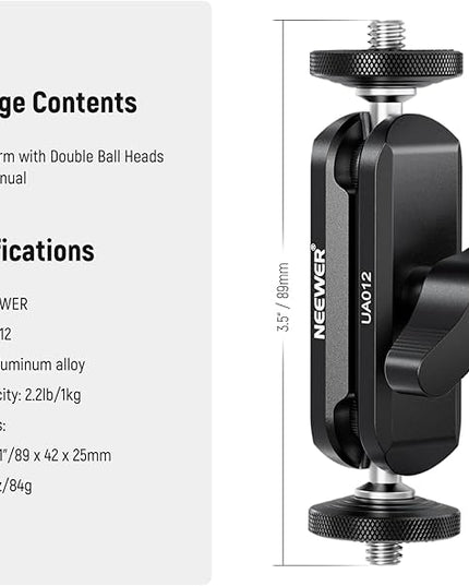 NEEWER Flexible Articulating Magic Arm with Dual Ball Heads, CNC Machined Aluminum Alloy with 1/4" Screws&Holes for Camera Monitor, LED Light, Microphone, Tripod, Compatible with SmallRig Cage, UA012