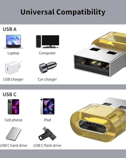 20 Pack USB to USB C Adapter,Type C Female to A Male Charger Converter Compatible with Apple Watch Ultra iWatch 8 7,iPhone 15 14 Pro Max Plus,iPad 9 10 Air 5 Mini 6,Car,Samsung Galaxy S23 S24 (Yellow)