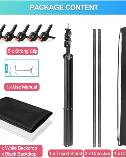 Black White Backdrop Screen with Stand Kit for Photo Video Studio Filming 5X6.5ft, Black Backdrop White Photo Curtain Background with T Shape Stand and 5 Spring Clamp for Photography Party Decorations