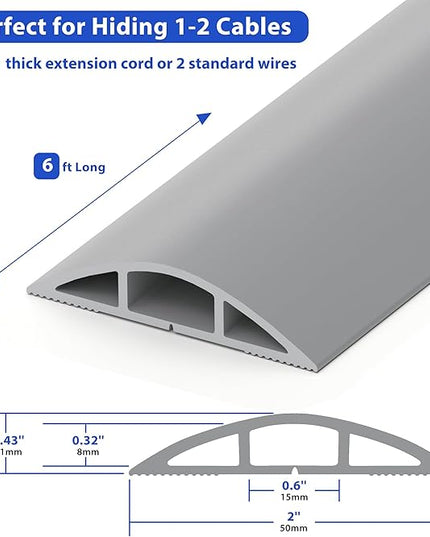 Floor Cord Cover 6ft, Cord Hider Floor Hide Extension Cords, Floor Cable Management Prevent Cable Trips, Floor Cable Cover Wire Covers for Cords, Cable Protector Cord Cavity W0.6in x H0.32in Gray