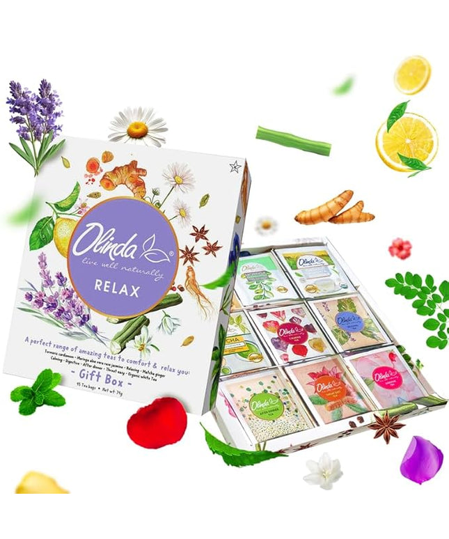 Olinda Relax Tea Sampler Herbal Gift Box 45 Count Assorted Wellness Tea Set 9 Calming Herbal Tea Bags Thoughtful Variety Pack for Stress Relief & Sleep Caffeine Free Birthday Gift for Women