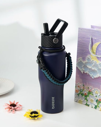 BJPKPK Insulated Water Bottles with Straw Lid, 40oz Metal Water Bottle with 2 lids & Paracord Strap, Double Wall Stainless Steel Tumbler with Handle, Reusable Cups, Mugs, Thermo, Navy Blue