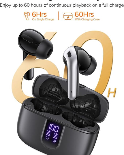 TAGRY Bluetooth Headphones True Wireless Earbuds 60H Playback LED Power Display Earphones with Wireless Charging Case IPX5 Waterproof in-Ear Ear buds with Mic for TV Smart Phone Laptop Computer Sports