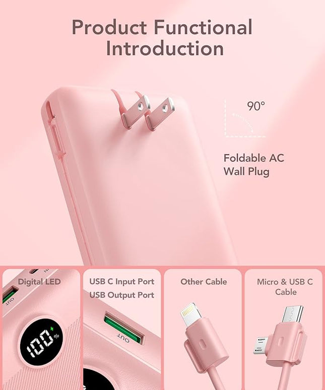 VRURC Portable Charger 20000mAh, Fast Charging Power Bank USB C,4 Output 2 Input Travel Essentials Charging Bank Equipped with LED Display,Built-in Wall Plug and Cables,Phone Charger Battery,Pink
