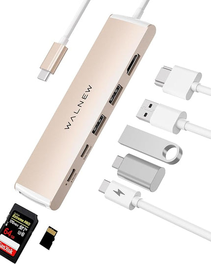 WALNEW 7 in 1 USB-C Hub with 4K HDMI,100W PD,5Gbps Data Port(1 Type-C & 2 USB 3.0),SD/TF Reader, Thunderbolt 4 Dock Multiport Adapter for MacBook Pro Air,Mac,iPad 10/Mini 6,Surface (Starlight)