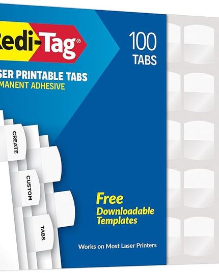 Redi-Tag Products - Redi-Tag - Laser Printable Index Tabs, 1 1/8 in, White, 100/Pack - Sold As 1 Pack - Create permanent professional-quality indexes. - Sturdy plastic self-adhesive tabs attach to any page. - Templates compatible with Windows version o...