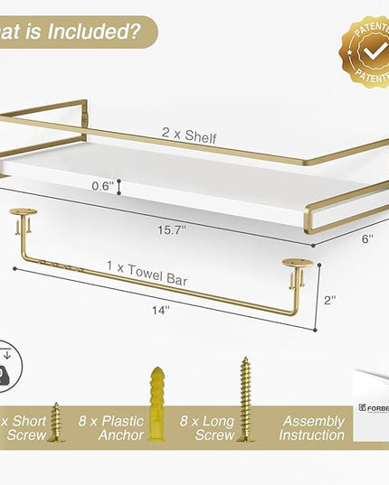 Forbena Floating Bathroom Shelves Wall Mounted, Aesthetic White and Gold Shelves for Bathroom Accessories, Modern Bathroom Organizer with Tower Bar for Wall Decor Storage Small Spaces, Set of 2