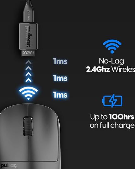 Pulsar Gaming Gears X2H mini Wireless Gaming Mouse, Ultra Lightweight 1.83 oz (52 g), Symmetrical, Optical Switch, 2.4 Ghz 1 ms, 26000 DPI, PAW3395 Sensor (Mini, Wireless, Black)