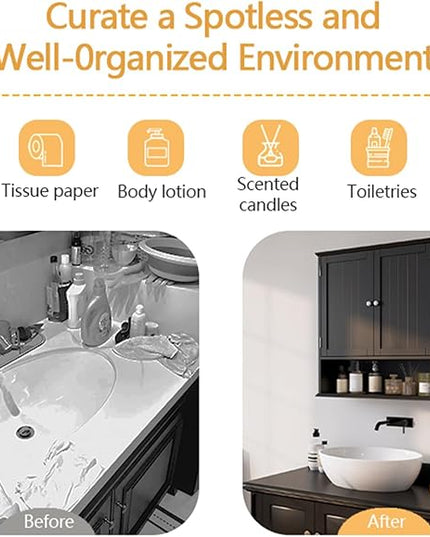 Over The Toilet Bathroom Wall Cabinet with 2 Doors & Open Shelf – Space Saving Medicine Cabinet, Wooden Wall Mounted Storage Cupboard for Bathroom Organization Black