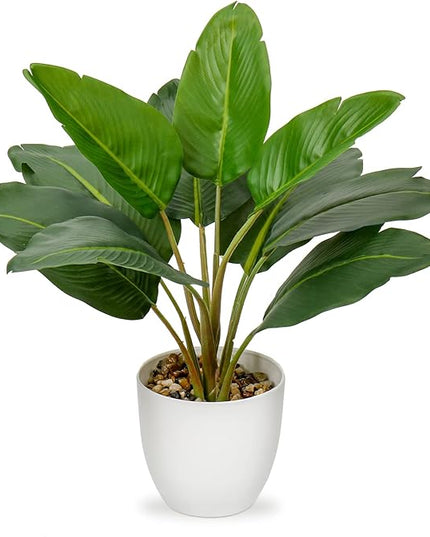 Hollyone Artificial Bird of Paradise Plant in Pot, Fake Palm Tropical Potted Plant 15" Faux Plantain Banana Leaf Plant for Indoor Outdoor Home Desk Office Garden Decoration