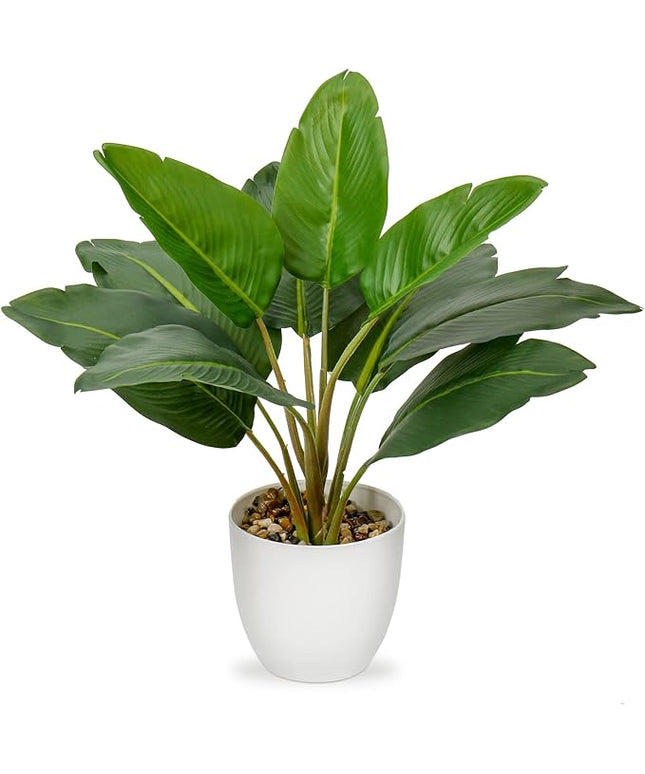 Hollyone Artificial Bird of Paradise Plant in Pot, Fake Palm Tropical Potted Plant 15" Faux Plantain Banana Leaf Plant for Indoor Outdoor Home Desk Office Garden Decoration