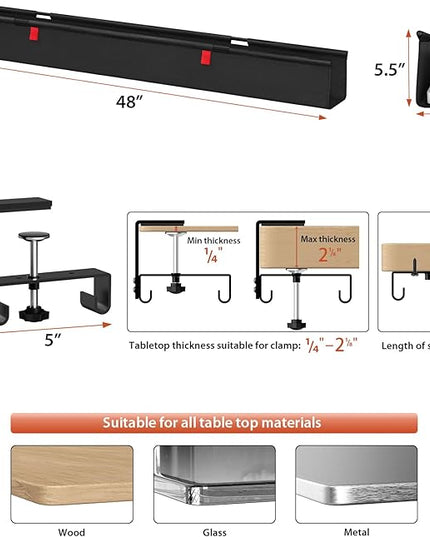 Univivi No Drill Under Desk Cable Management Tray, 48" Cord Organizer for Table, Clamp/Screw Mount Desk Cable Management, Premium Fabric Cable Management Tray for Office, Home (Extra Large)