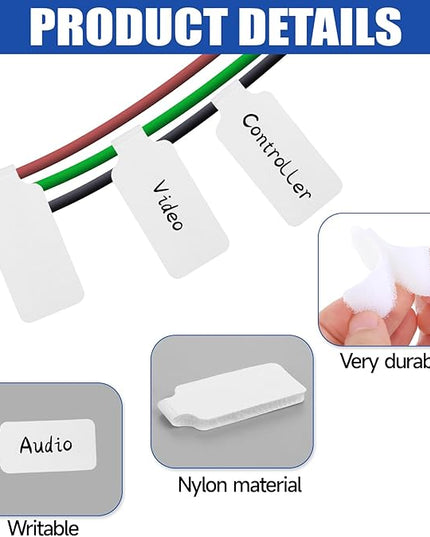 50 Pack Nylon Writable Self-Adhesive Labels - White, Waterproof, Reusable Cable Tags for Electronics, Computers & Cable Management