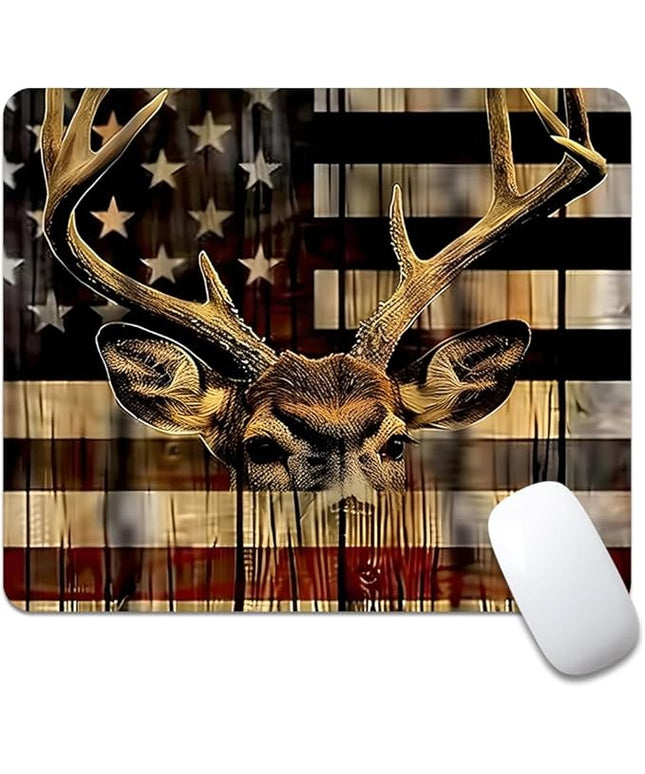 Wood Grain American Flag Hunting Deer Square Mouse pad, Texture, Waterproof, Anti Slip Rubber Base, Computer Mouse pad, Laptop Mouse pad