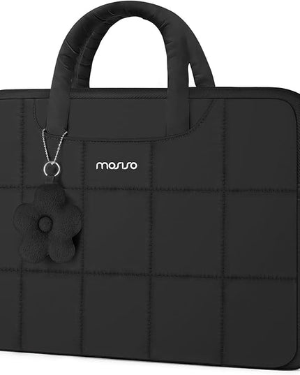 MOSISO Laptop Case 13.3 inch, 13-14 inch Puffy Laptop Sleeve Compatible with MacBook Air 13 13.6/Pro 13/Pro 14,HP Acer Dell ASUS Lenovo, Rectangle Quilted Computer Bag with Handle&Flower Pendant,Black