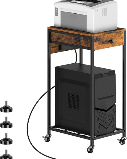SEHERTIWY 2 Tier Computer Tower Stand, Adjustable Printer Stand with Charge Station and USB Charging Port, PC Tower Stand CPU Holder Cart with Wheels for Home Office Fax, Brown