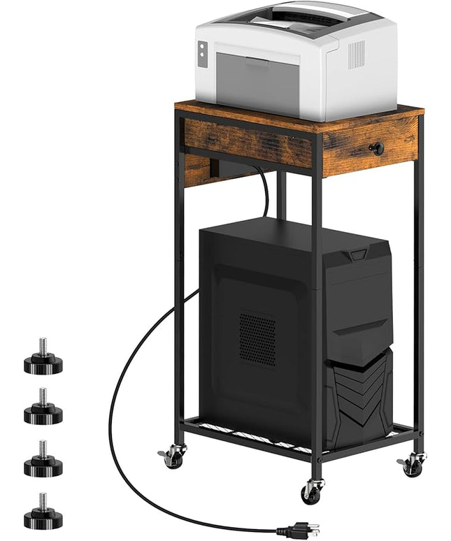 SEHERTIWY 2 Tier Computer Tower Stand, Adjustable Printer Stand with Charge Station and USB Charging Port, PC Tower Stand CPU Holder Cart with Wheels for Home Office Fax, Brown