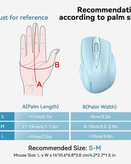 TECKNET Wireless Mouse (BT5.0/3.0 & 2.4G) Rechargeable 4800 DPI Silent USB A & Bluetooth Mouse 6 Buttons, Wide Compatibility - Lightblue