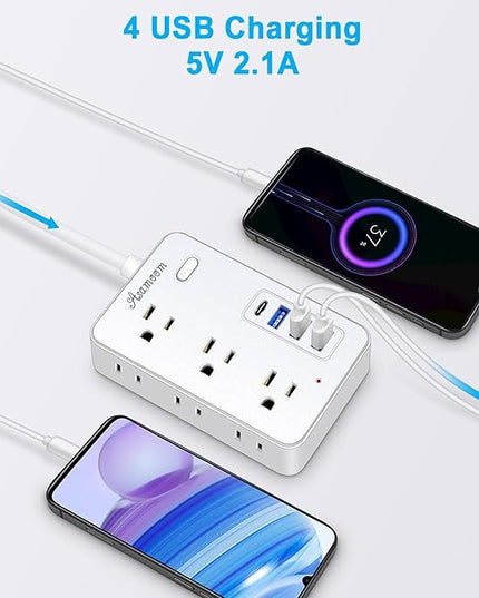 20 FT Extension Cord with Multiple Outlets, Asamoom 20 ft Surge Protector Power Strip with 6 Outlets with 4 USB Ports(1 USB C)，Flat Plug with Long Cord 1700 Joules Protection for Home Office White
