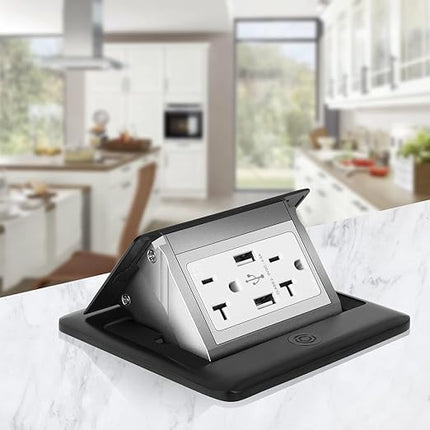 Vagueior Recessed Floor Electrical Outlet Kit,Waterproof Electrical Outlet Covcer Box,Hidden 4.8A USB+20A Tamper-Resistant Receptacle Outlet with Slow Elastic Damping ，ETL Certified,Black