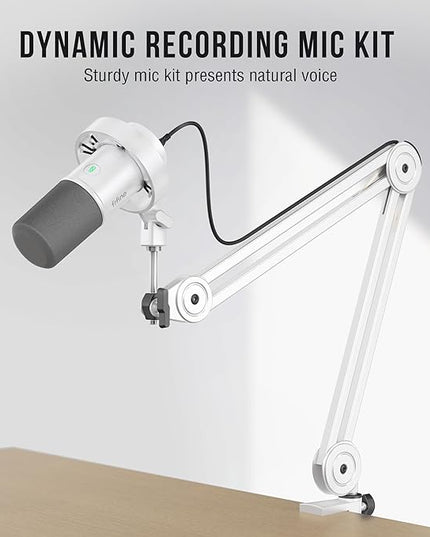 FIFINE Podcast XLR/USB Microphone Kit, Studio Dynamic Vocal Mic for Recording, Streaming, Voice-Over, PC Microphone with Boom Arm with Mute, Headphone Monitoring, Metal-AmpliTank K688T White
