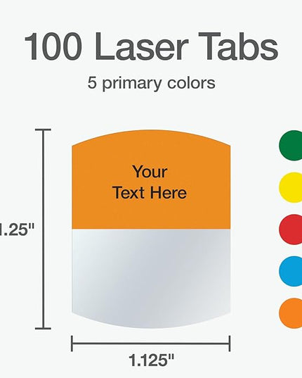 Redi-Tag Laser Printable Tabs, Permanent Index Tabs, Customizable Adhesive Labels, Assorted Primary Colors, 1.125" x 1.25", 100 Per Pack (1006555)