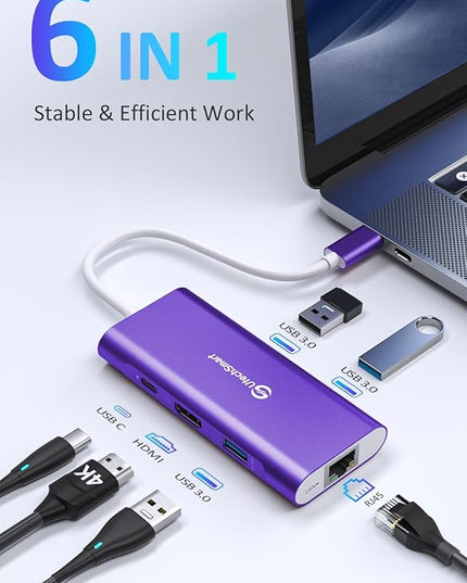 UtechSmart USB C Hub, Ethernet Multiport Adapter 6 in 1 USB C to HDMI Dock Compatible for MacBook Pro/Air, Chromebook, Dell XPS, HP and Type C Devices Dark Purple