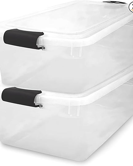 HOMZ 2-Pack Latching Lid, Large Clear Plastic Storage Bins with Lids, 66 Quart, Gray Latch - Stackable Container Boxes for Home, Bathroom, and Office Organization