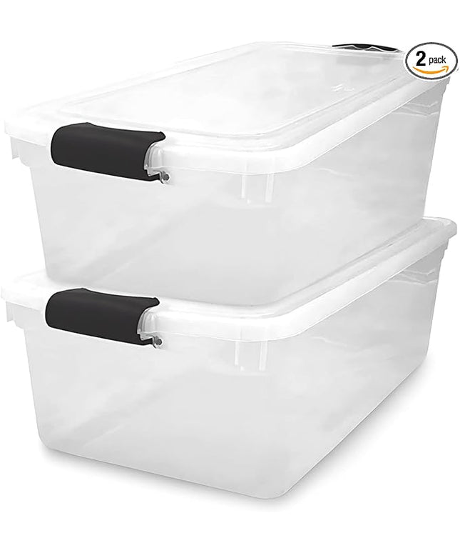 HOMZ 2-Pack Latching Lid, Large Clear Plastic Storage Bins with Lids, 66 Quart, Gray Latch - Stackable Container Boxes for Home, Bathroom, and Office Organization