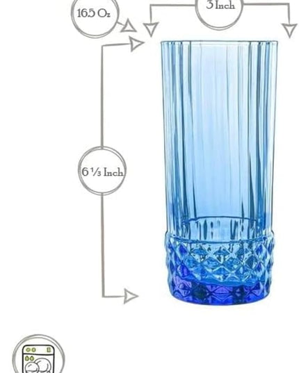Bormioli Rocco America '20s Set Of 6 Cooler Glasses, 16.5 Oz. Colored Crystal Glass, Sapphire Blue, Made in Italy.