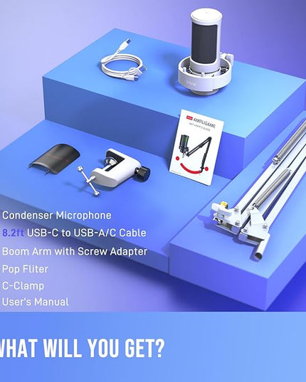 FIFINE Gaming PC USB Microphone Kit, Condenser RGB Mic with Metal Boom Arm, Mute, Gain Knob, Headphones Monitoring, Streaming Microphone Bundle for PS4/PS5, YouTube, Discord, Twitch-A8T White