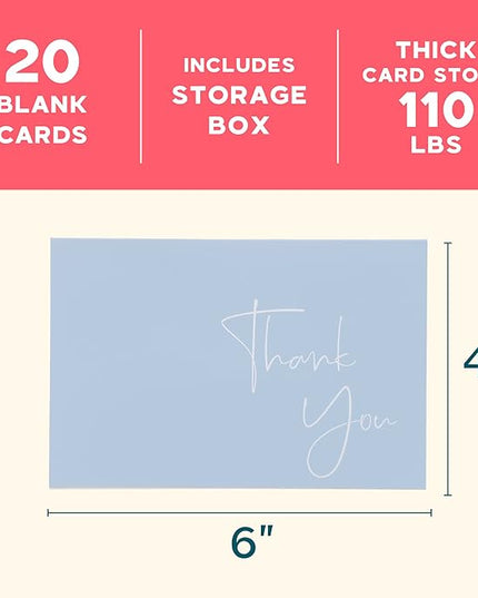 VNS Creations 20 Pack Thank You Cards With Envelopes, Stickers, 4x6 Inch Blank Thank You Notes - Bulk Box Set Large Notes for Graduation, Wedding, Small Business, Baby & Bridal Shower - Light Blue